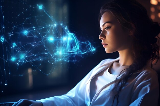 Mulher médico tecnologia médica futurista tela virtual saúde ciência fundo escuro online