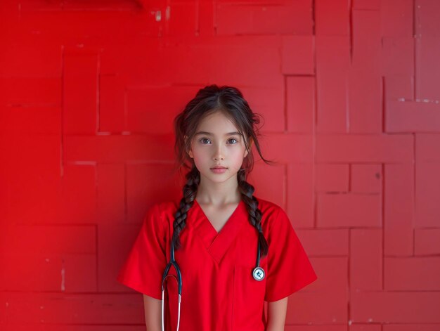 Mulher médico uniforme vermelho aparência asiática fundo vermelho generativo ai