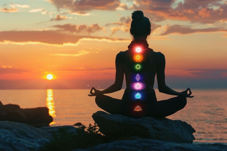 Foto mulher medita com chakras brilhantes na praia ao pôr-do-sol