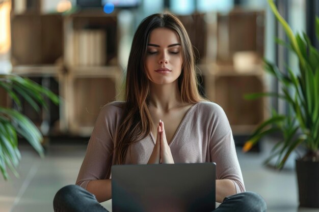 Foto mulher medita com laptop para aliviar o estresse no trabalho