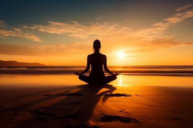 Foto mulher medita em postura de lótus em uma praia de areia ao pôr-do-sol de frente para o vasto oceano yoga na costa