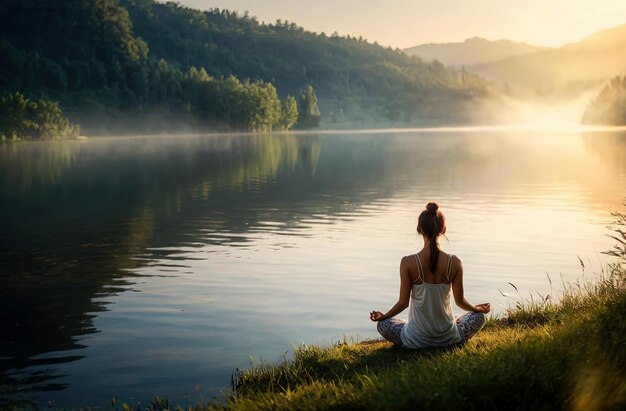 Mulher meditando ao lado do lago tranquilo ao nascer do sol