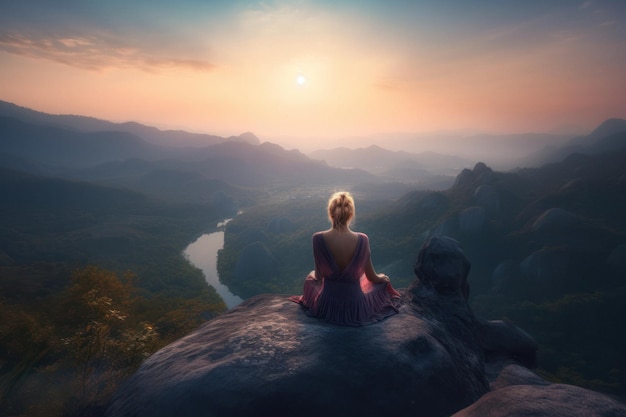 Mulher meditando em pose de lótus no penhasco com vista panorâmica