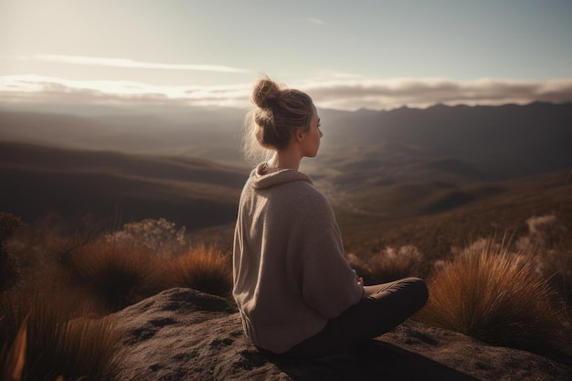 Mulher meditando em pose de lótus no penhasco com vista para a montanha