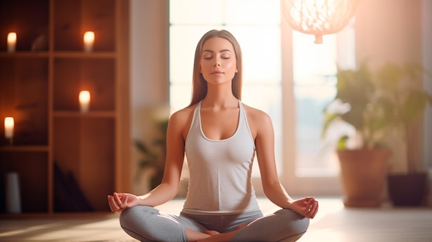 Mulher meditando em posição de ioga em casa IA generativa