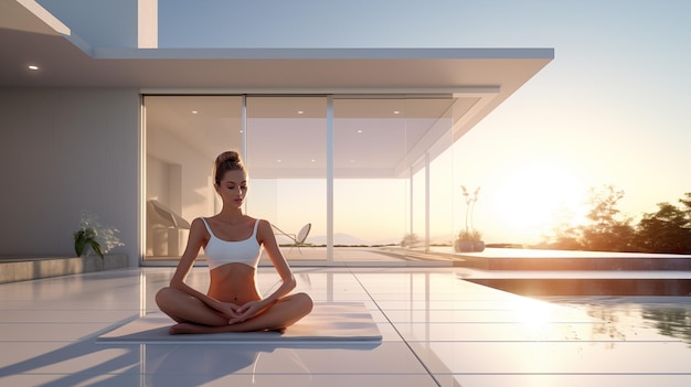 Mulher meditando em posição de lótus em tapete de ioga na frente da piscina