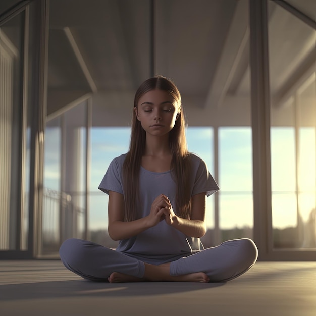 Foto mulher meditando em posição de lótus generative ai