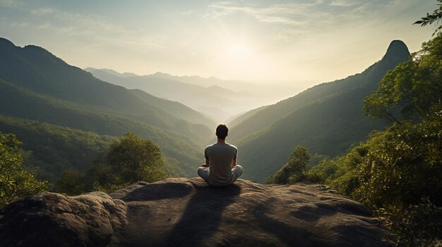 Mulher meditando em posição de lótus no topo da montanha durante o pôr do sol