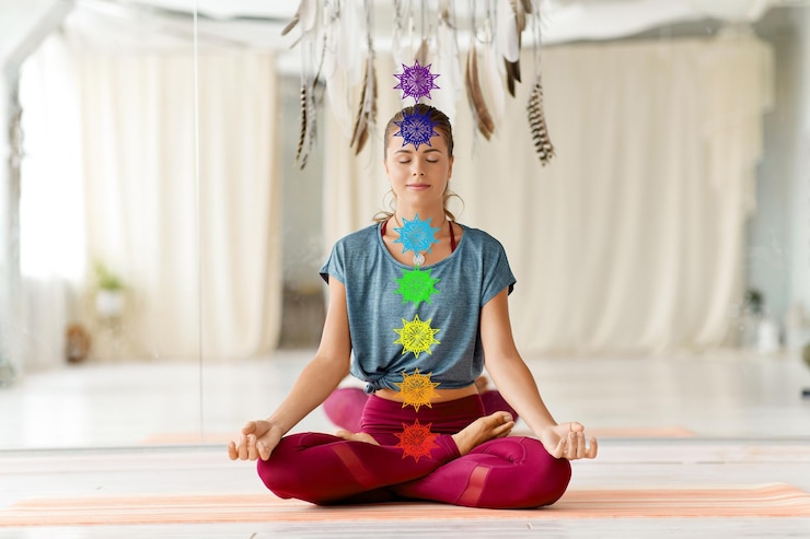 Foto mulher meditando em postura de lótus no estúdio de ioga