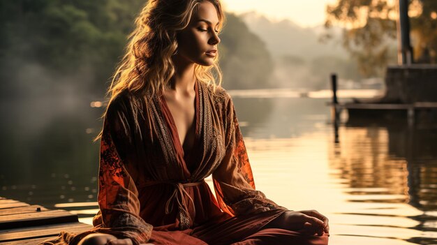 Foto mulher meditando em um convés tranquilo à beira do lago