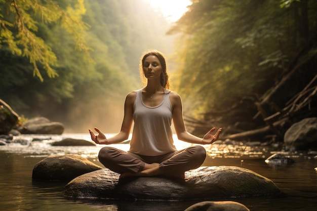 Mulher meditando em uma rocha em uma floresta com um rio ao fundo