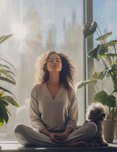 Foto mulher meditando em uma sala de estar ensolarada gerada por ia