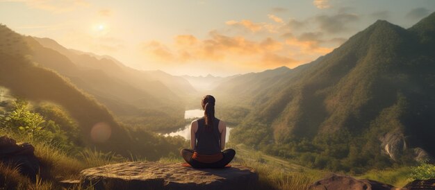 Mulher meditando ioga sozinha nas montanhas do nascer do sol