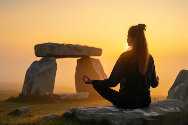 Mulher meditando junto a um dolmen ao nascer do sol