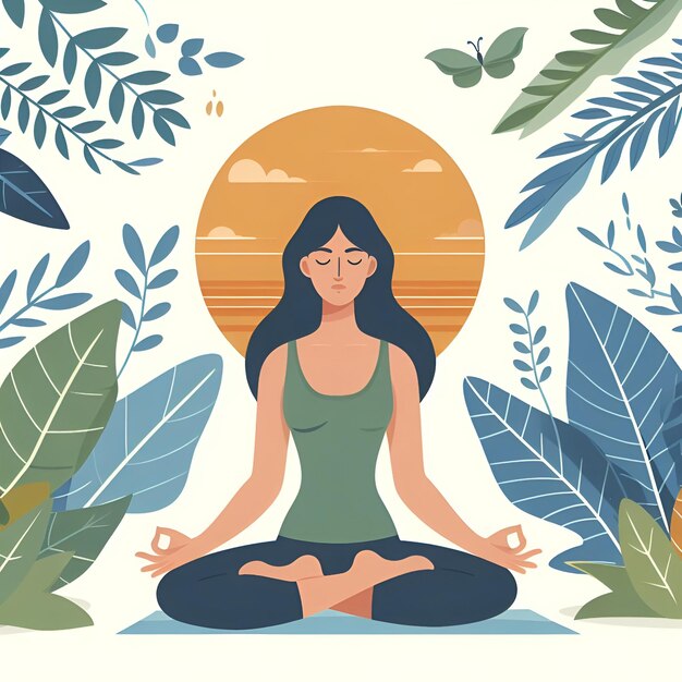 Mulher meditando na natureza e folhas Ilustração conceitual para meditação de ioga recreação de relaxamento