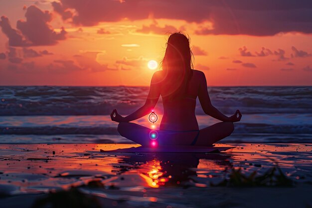 Mulher meditando na praia ao pôr-do-sol ativando chakras com ioga