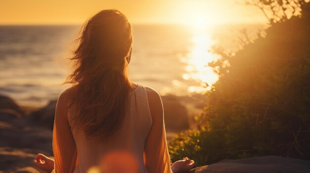 Mulher meditando na praia ao pôr-do-sol