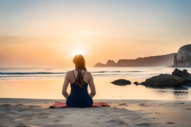 Mulher meditando na praia com o pôr do sol ao fundo