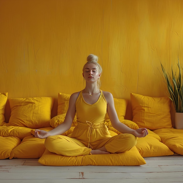 Mulher meditando no meio de almofadas amarelas