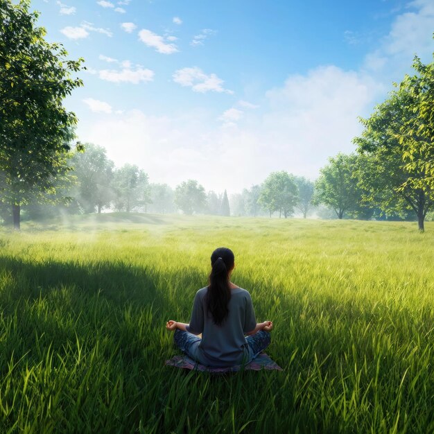 Foto mulher meditando num prado tranquilo