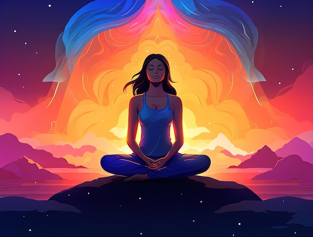 mulher meditando sentada em postura de ioga azul meditando ilustração de meditação com arco-íris no estaleiro