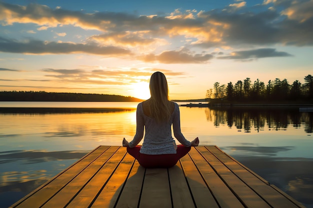 mulher meditativa em um pontão ao nascer do sol imagem gerada pela IA