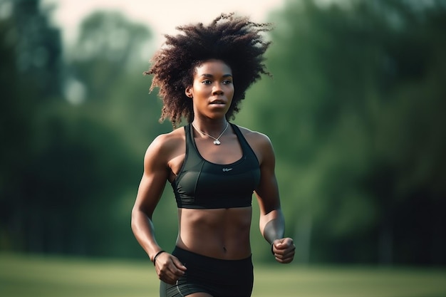 Mulher menina feliz fitness exercício afro-americano corrida treinamento esporte atleta parque Generative AI