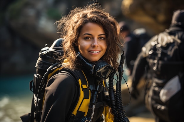 Foto mulher mergulhadora em cavernas com equipamento de mergulho