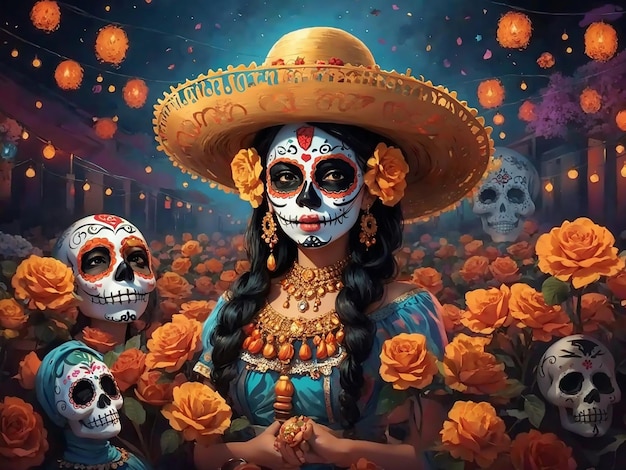 Mulher mexicana com maquiagem de crânio de açúcar e Decoration Skulls