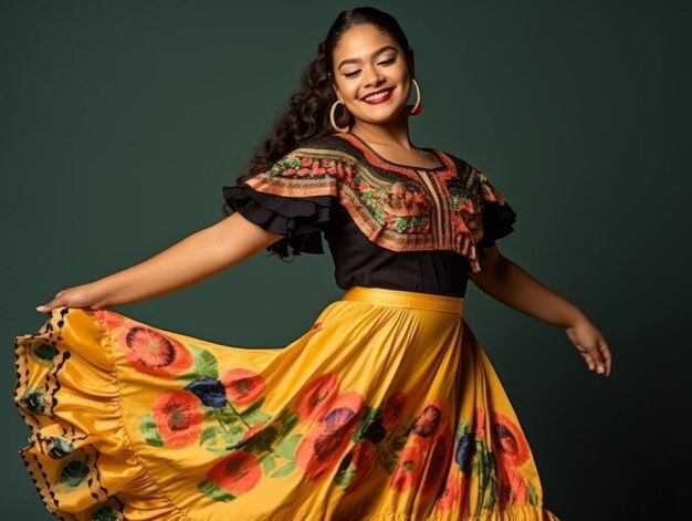 Foto mulher mexicana em pose dinâmica emocional em fundo sólido