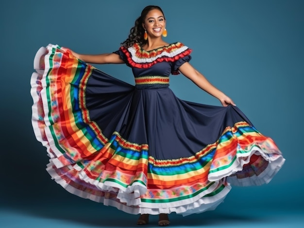 Foto mulher mexicana em pose dinâmica emocional em fundo sólido