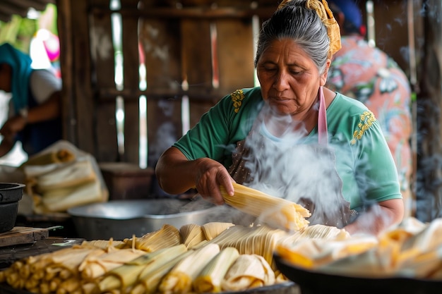 Foto mulher mexicana faz tamales