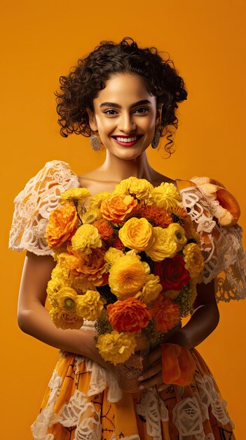 Mulher mexicana segurando florista de buquê de flores no Dia dos Mortos