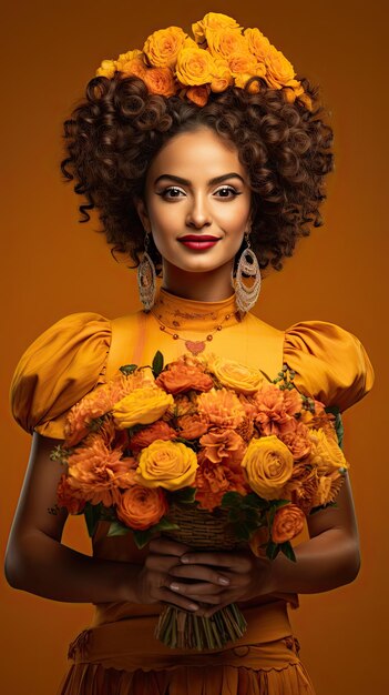 Mulher mexicana segurando florista de buquê de flores no Dia dos Mortos