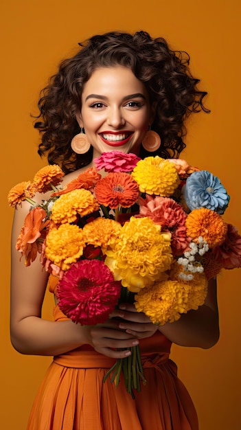 Foto mulher mexicana segurando florista de buquê de flores no dia dos mortos