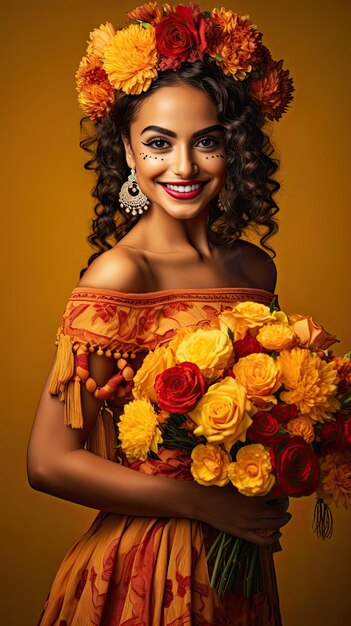 Mulher mexicana segurando florista de buquê de flores no Dia dos Mortos