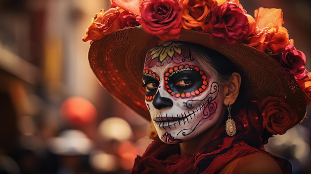 Mulher mexicana vestida para a celebração do Dia dos Mortos