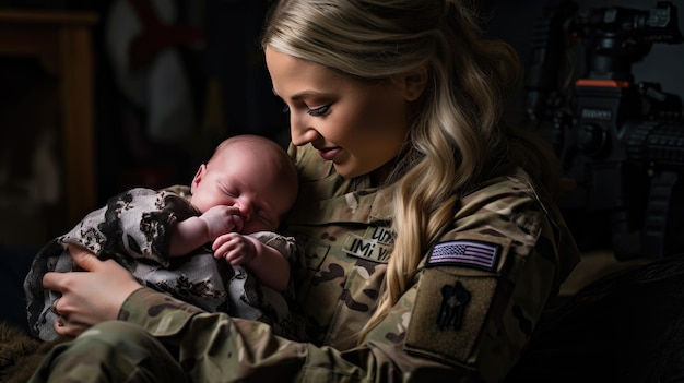 Mulher militar reunida com seu filho