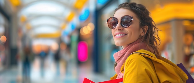 Mulher millennial com sacos de compras a explorar vendas incríveis e preços baixos num centro comercial vibrante.