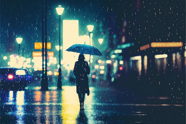 Mulher misteriosa com guarda-chuva na noite chuvosa ilustração de estilo de arte digital pintura conceito de fantasia de uma mulher misteriosa com guarda-chuva