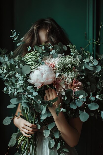 Foto mulher misteriosa obscurecida por um luxuriante buquê de flores e folhagem