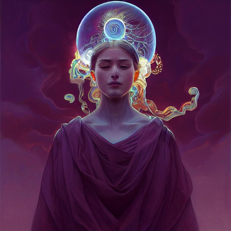Foto mulher mística com renderização em 3d da luz do chakra da coroa