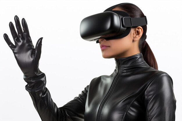 Mulher moderna realidade simulação inovação virtual óculos tecnologia fone de ouvido gadget tecnologia digital dispositivo cibernético equipamento feminino óculos vídeo vr jogo entretenimento futurista