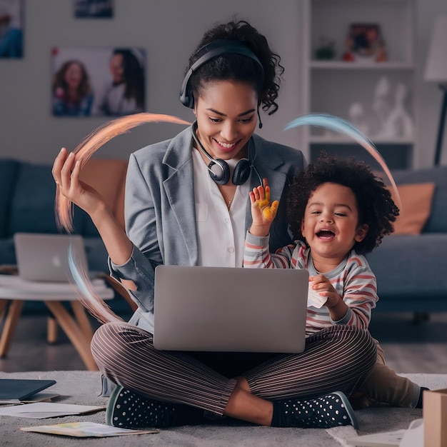 Foto mulher moderna trabalhando com criança multifuncional freelancer e conceito de maternidade