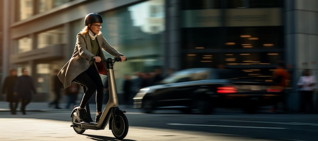 Foto mulher montando uma scooter elétrica pela cidade ai gerativa