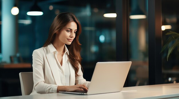 Mulher morena de aparência inteligente trabalhando no laptop na mesa do escritório