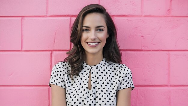 Foto mulher morena de vestido com pontinhas olha para a câmera com um sorriso