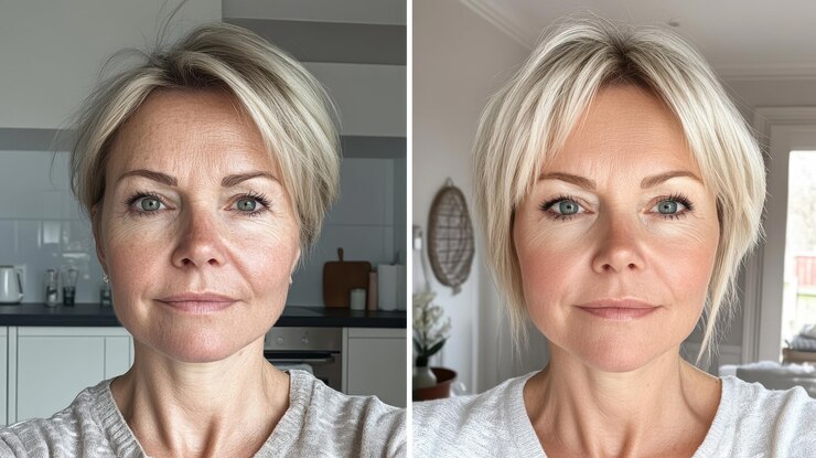 Foto mulher mostrando antes e depois de tratamento de pele ou aplicação de maquiagem