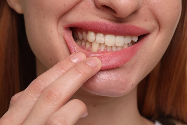 Foto mulher mostrando seus dentes limpos em close-up