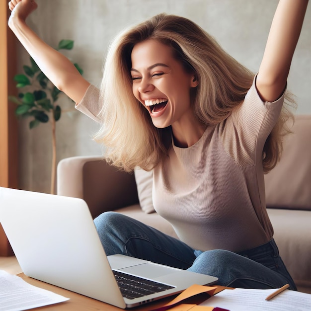 Foto mulher motivada feliz recebe boas notícias no laptop